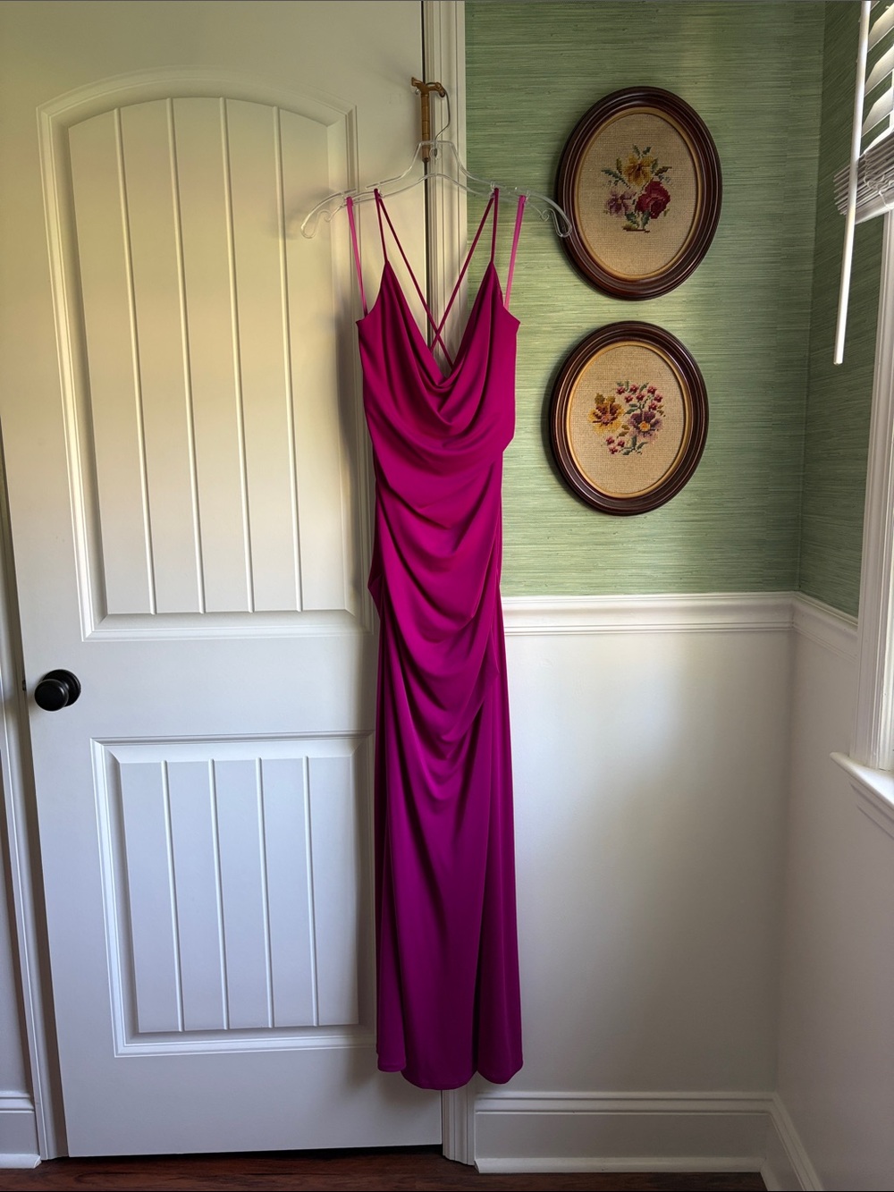 Strappy Fuchsia Cowl Neck Evening Dress